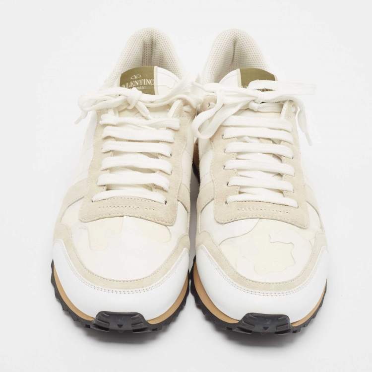 Pre Owned Valentino White Camo Print Canvas and Leather Rockrunner Sneakers Size 43