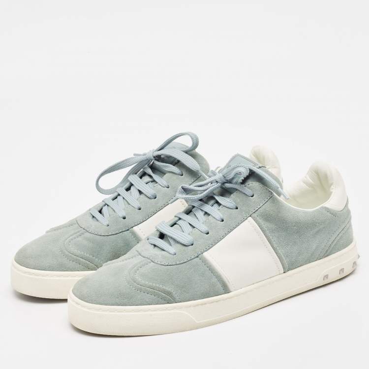 Pre Owned Valentino Green/White Leather and Suede Flycrew Lace Up Sneakers Size 41