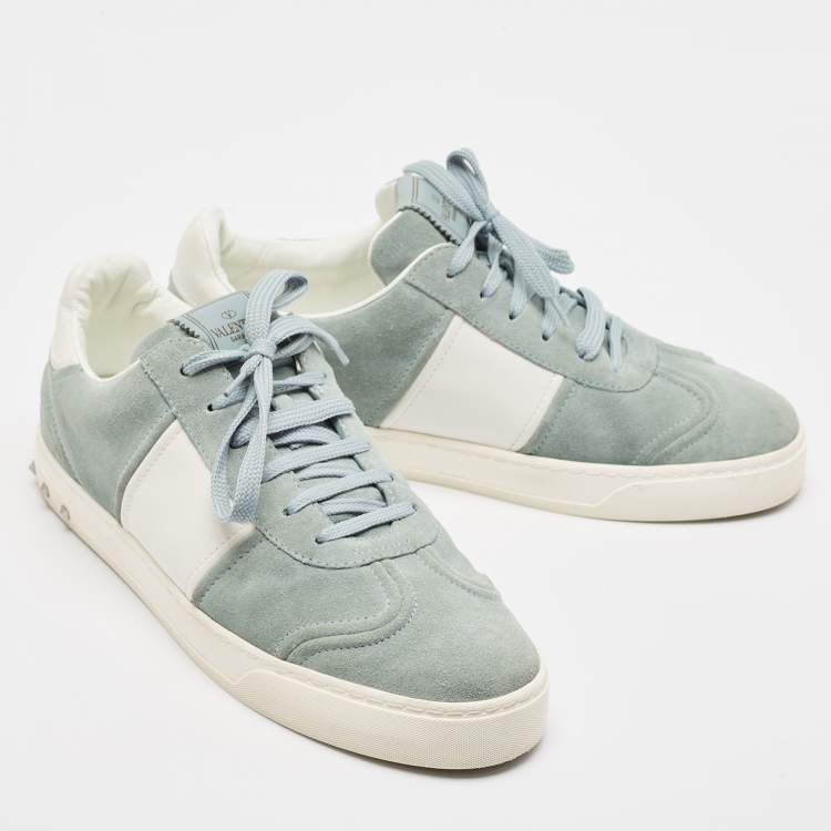 Pre Owned Valentino Green/White Leather and Suede Flycrew Lace Up Sneakers Size 41