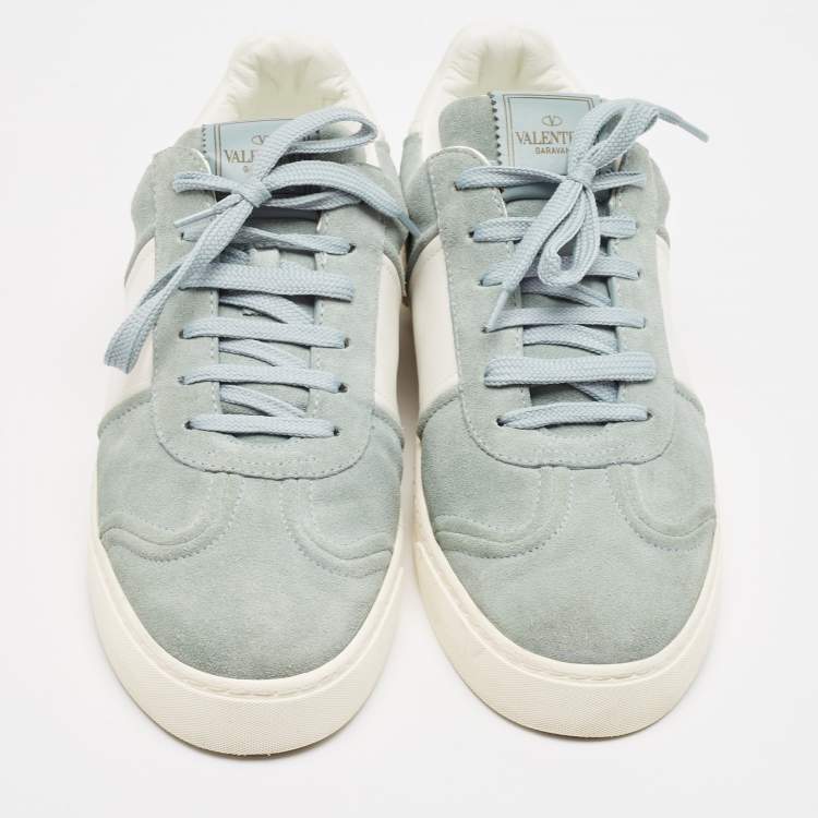Pre Owned Valentino Green/White Leather and Suede Flycrew Lace Up Sneakers Size 41
