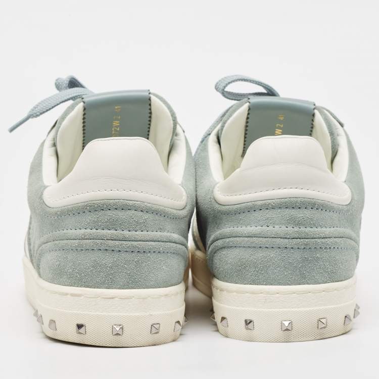 Pre Owned Valentino Green/White Leather and Suede Flycrew Lace Up Sneakers Size 41