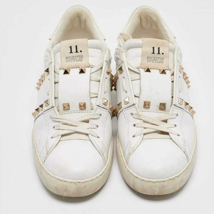 Pre Owned Valentino White Leather Rockstud Lace Up Sneakers Size 40.5
