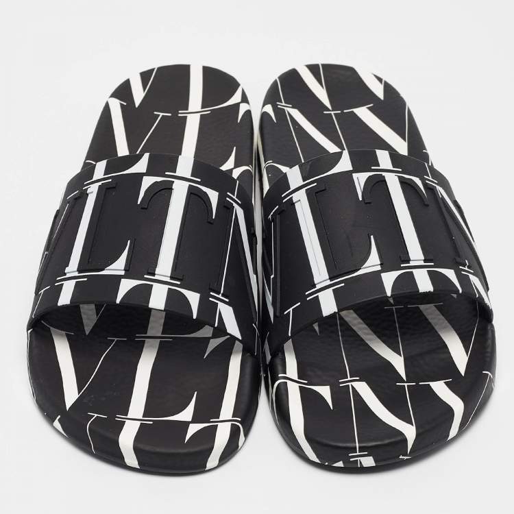 Pre Owned Valentino Black/White Rubber VLTN Pool Slides Size 42