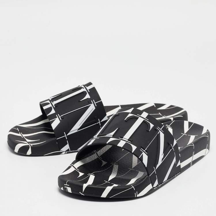 Pre Owned Valentino Black/White Rubber VLTN Pool Slides Size 42