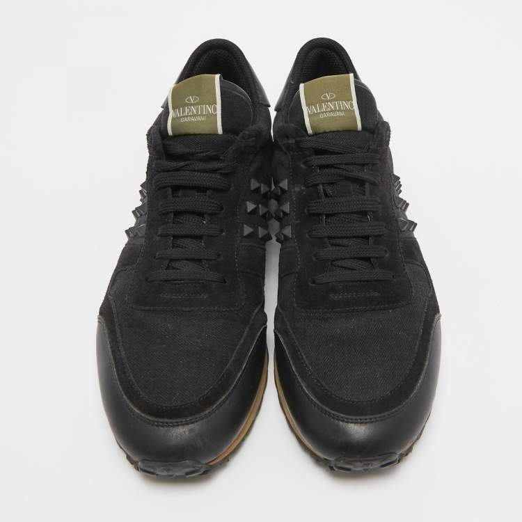 Pre Owned Valentino Black Canvas and Suede Rockstud Low Top Sneakers Size 42