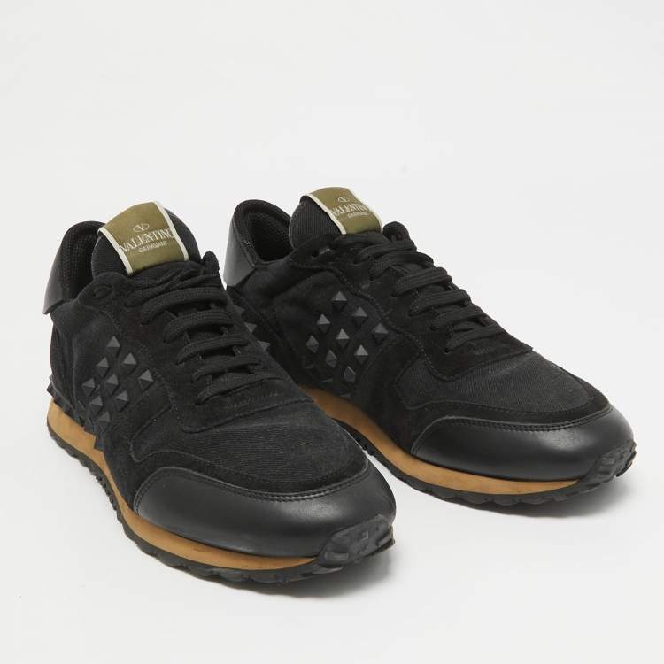 Pre Owned Valentino Black Canvas and Suede Rockstud Low Top Sneakers Size 42