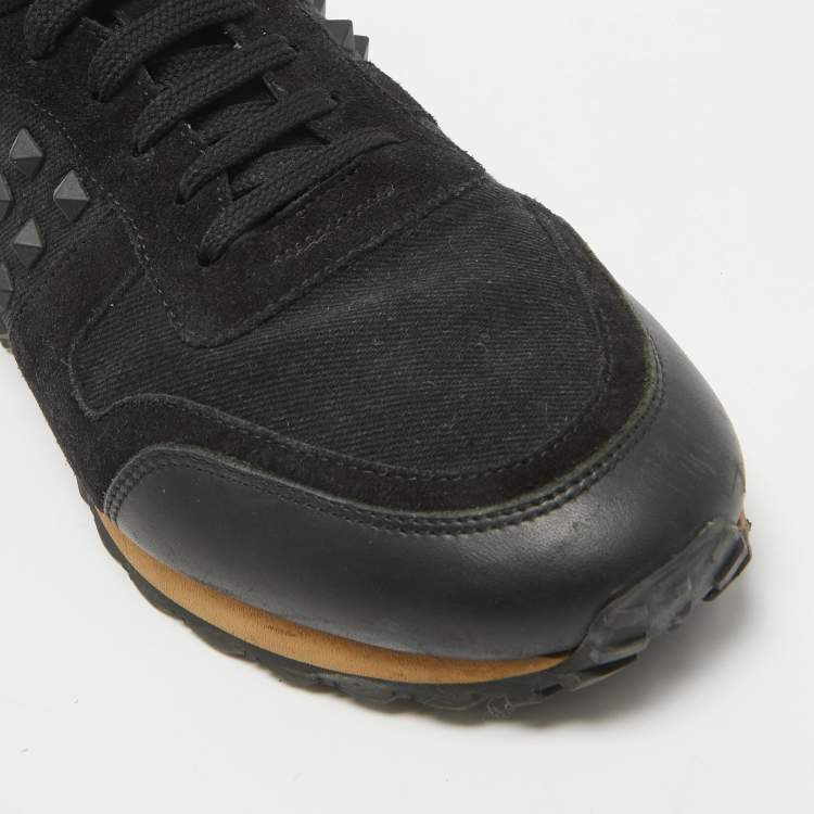 Pre Owned Valentino Black Canvas and Suede Rockstud Low Top Sneakers Size 42