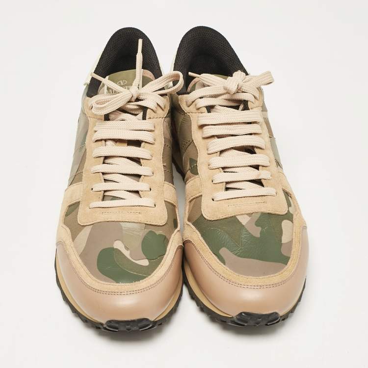 Pre Owned Valentino Multicolor Camouflage Leather and Suede Rockrunner Lace Up Sneakers Size 44