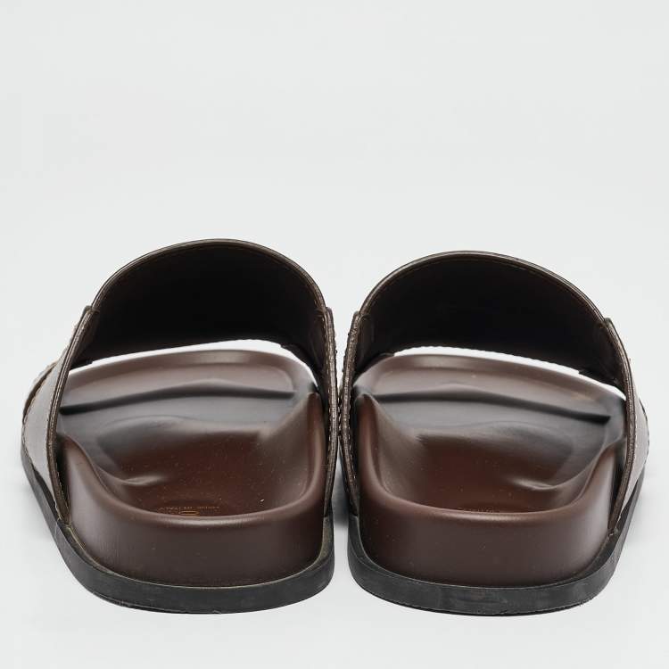 Pre Owned Valentino Brown Leather Escape V logo Slide Sandals Size 41