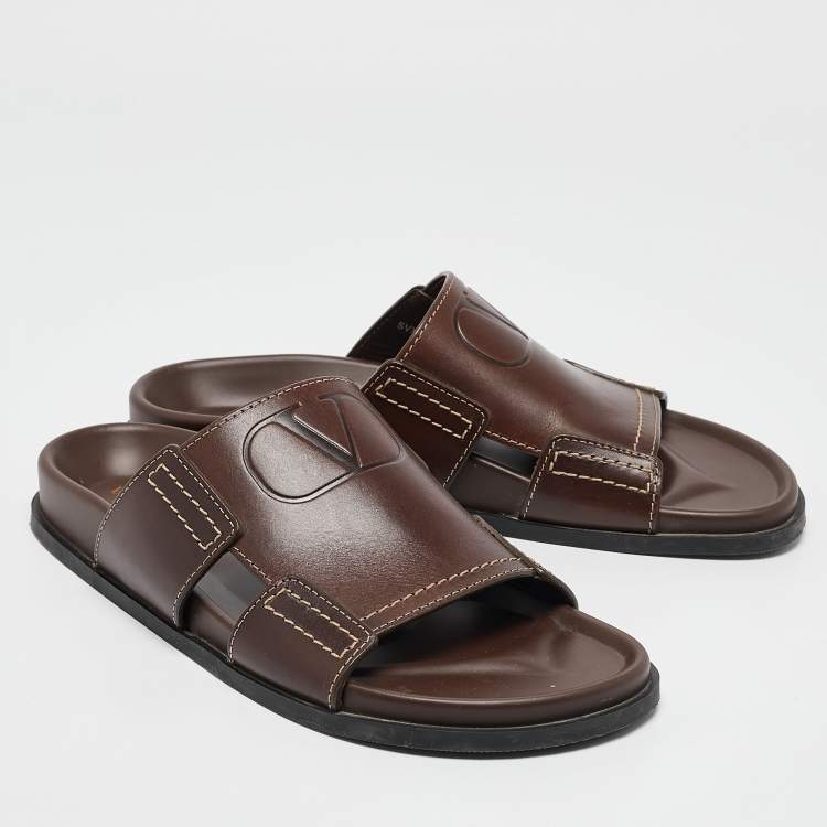Pre Owned Valentino Brown Leather Escape V logo Slide Sandals Size 41