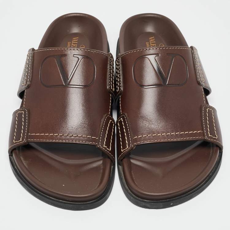 Pre Owned Valentino Brown Leather Escape V logo Slide Sandals Size 41