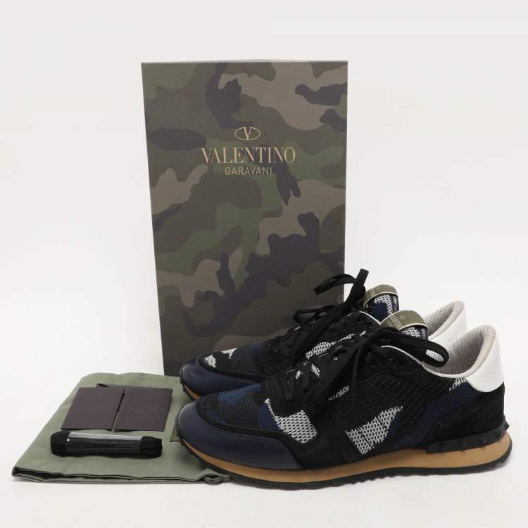 Pre Owned Valentino Blue/Black  Suede And Leather Camouflage Rockrunner Low Top Sneakers Size 45