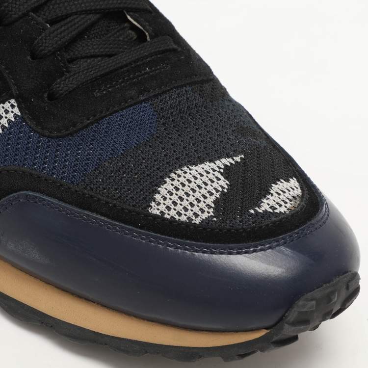 Pre Owned Valentino Blue/Black  Suede And Leather Camouflage Rockrunner Low Top Sneakers Size 45