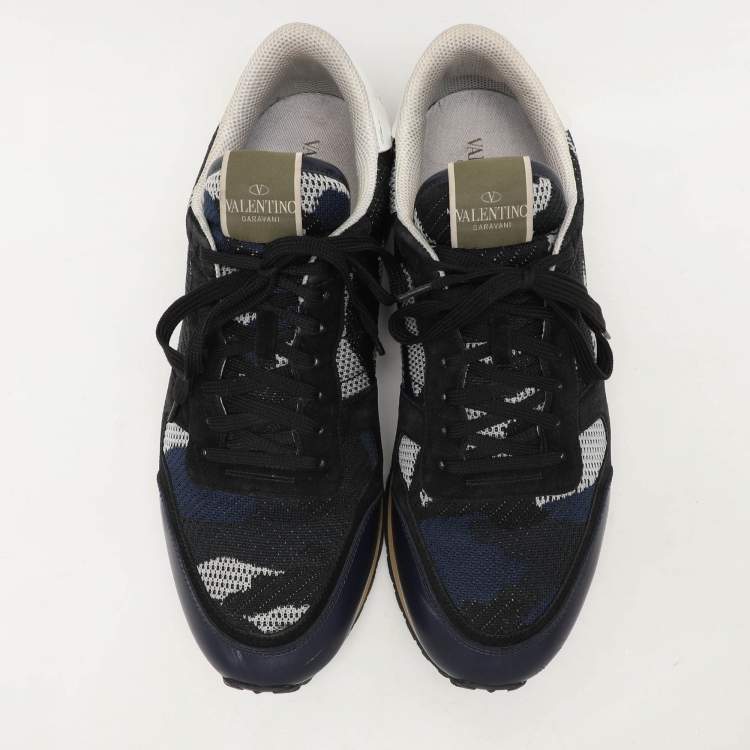 Pre Owned Valentino Blue/Black  Suede And Leather Camouflage Rockrunner Low Top Sneakers Size 45