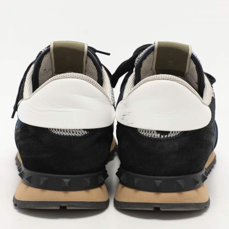 Pre Owned Valentino Blue/Black  Suede And Leather Camouflage Rockrunner Low Top Sneakers Size 45