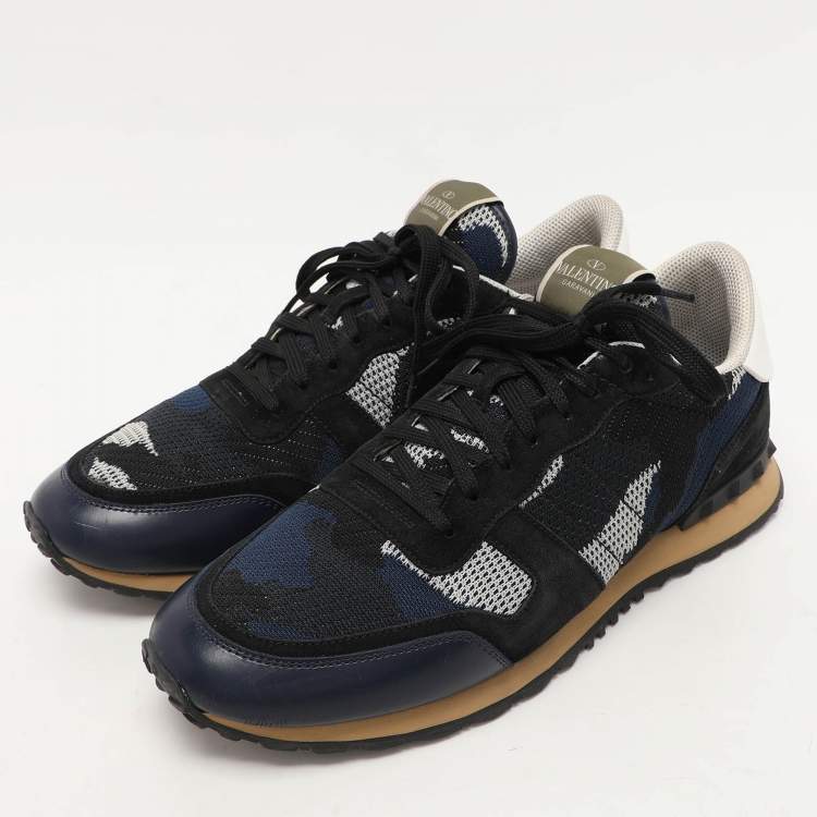 Pre Owned Valentino Blue/Black  Suede And Leather Camouflage Rockrunner Low Top Sneakers Size 45