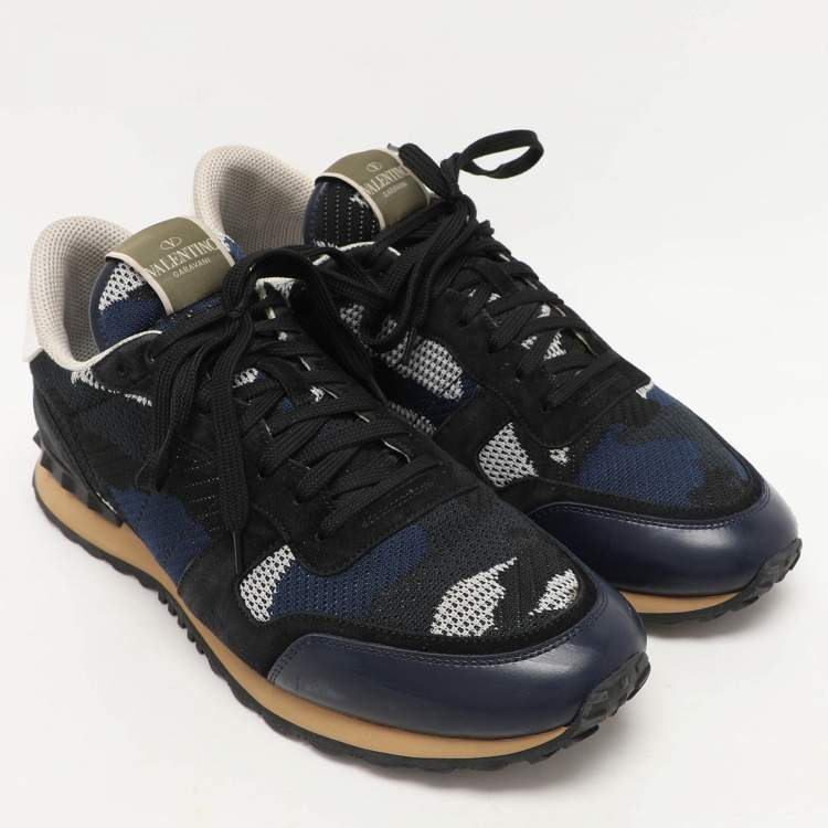 Pre Owned Valentino Blue/Black  Suede And Leather Camouflage Rockrunner Low Top Sneakers Size 45