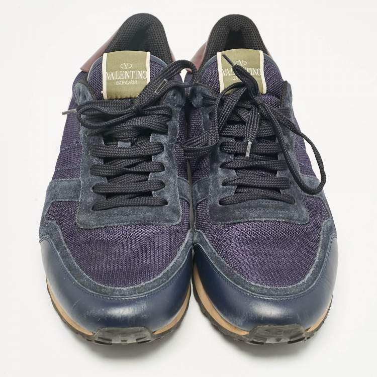 Pre Owned Valentino Blue/Grey Leather and Mesh Rockrunner Lace Up Sneakers Size 44