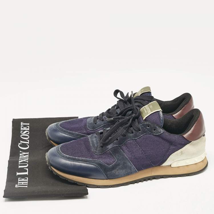 Pre Owned Valentino Blue/Grey Leather and Mesh Rockrunner Lace Up Sneakers Size 44