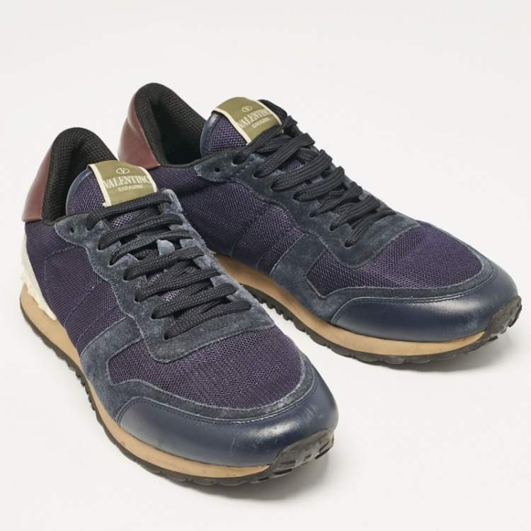 Pre Owned Valentino Blue/Grey Leather and Mesh Rockrunner Lace Up Sneakers Size 44