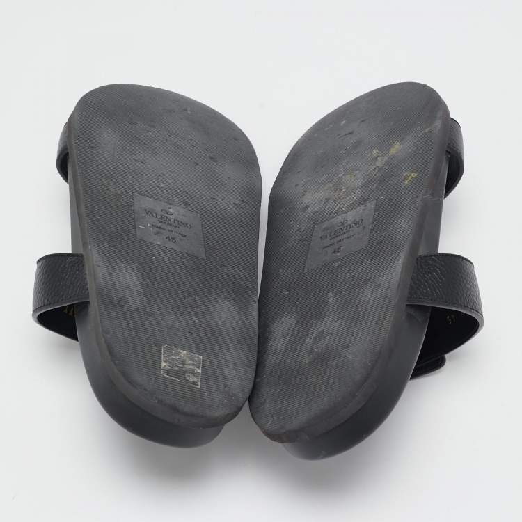 Pre Owned Valentino Black Leather Studded Flat Sandals Size 45
