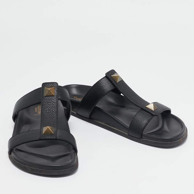 Pre Owned Valentino Black Leather Studded Flat Sandals Size 45