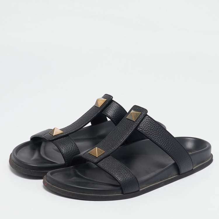 Pre Owned Valentino Black Leather Studded Flat Sandals Size 45
