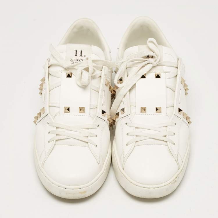 Pre Owned Valentino White Leather Rockstud Untitled Sneakers Size 43