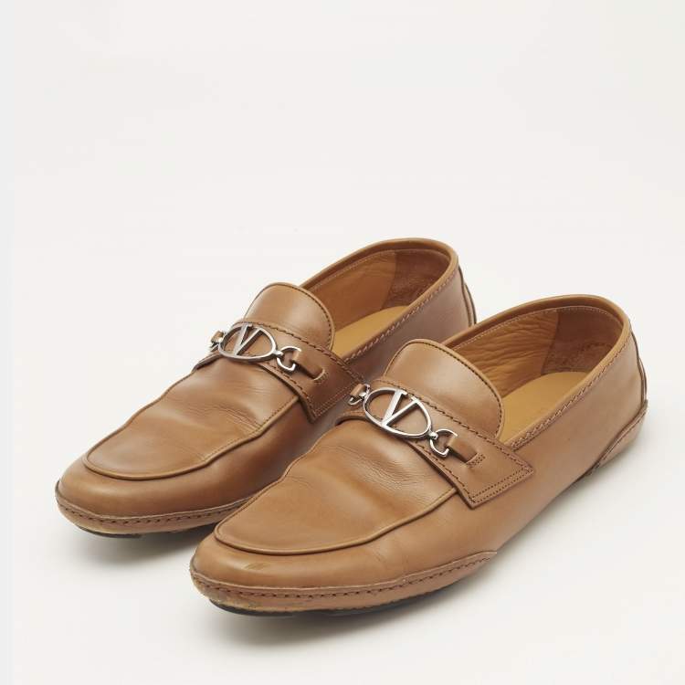 Pre Owned Valentino Brown Leather VLogo Loafers Size 41