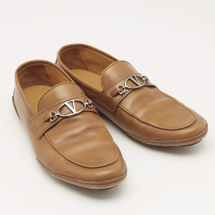 Pre Owned Valentino Brown Leather VLogo Loafers Size 41