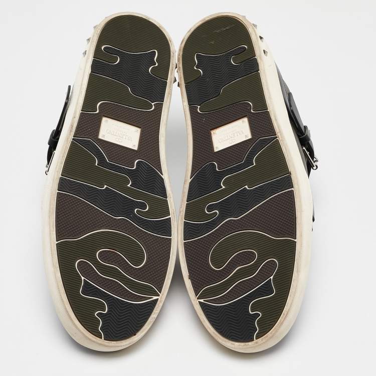 Pre Owned Valentino Green/Black Leather Buckle Strap Rockstud Sneakers Size 44