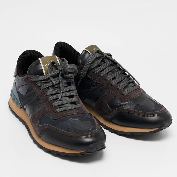 Pre Owned Valentino Black Camo Fabric, Leather and Suede Rockrunner Sneakers Size 43