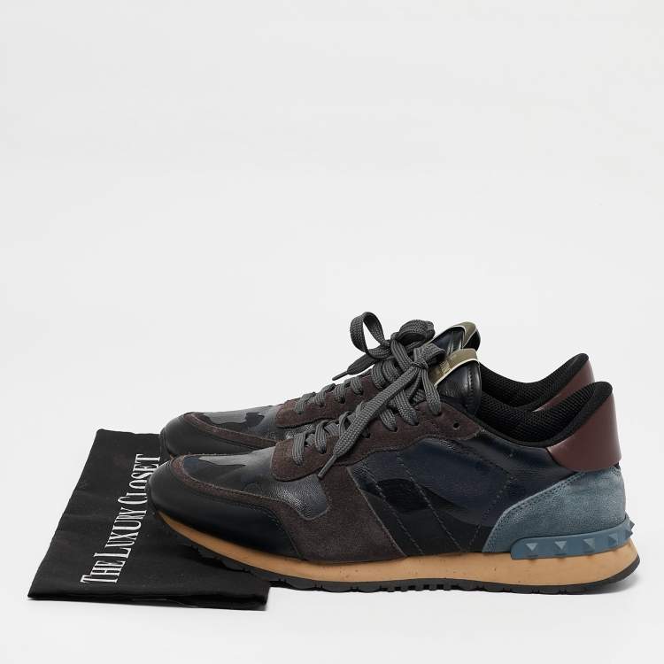 Pre Owned Valentino Black Camo Fabric, Leather and Suede Rockrunner Sneakers Size 43