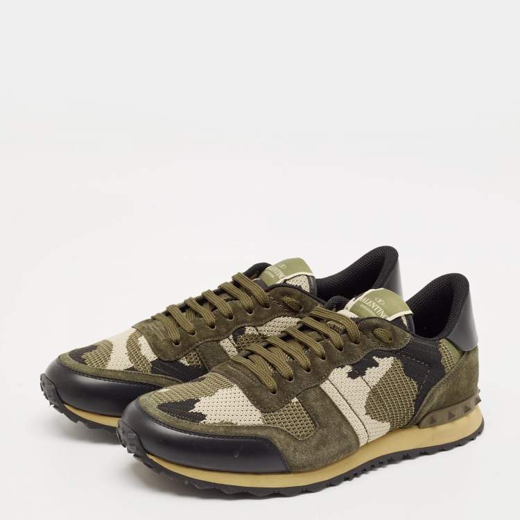 Pre Owned Valentino Multicolor Camo Leather and Suede Rockrunner Sneakers Size 43.5