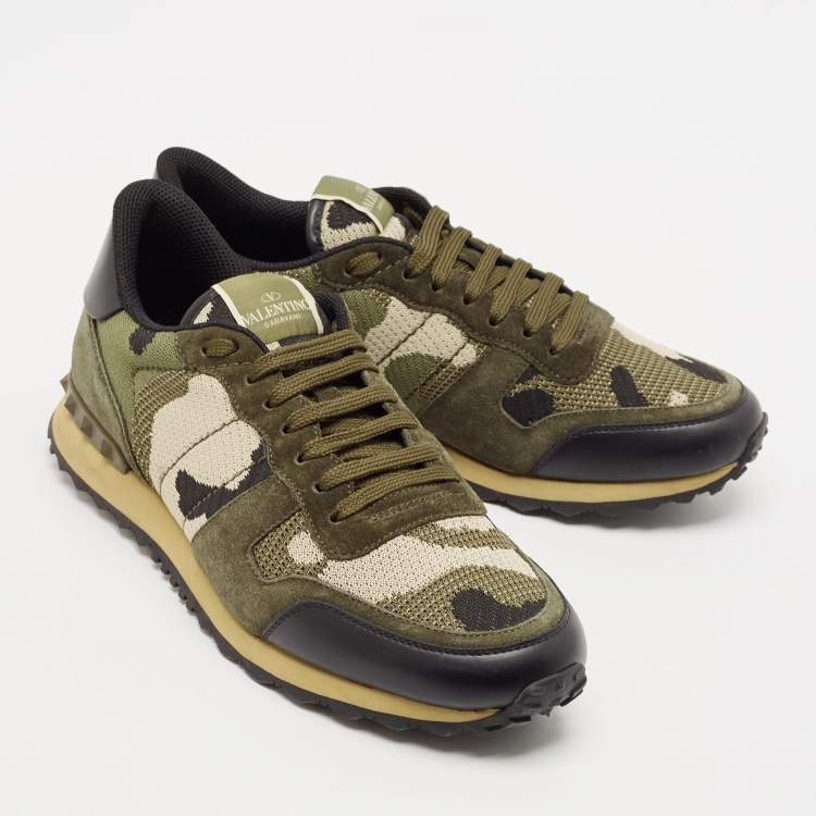 Pre Owned Valentino Multicolor Camo Leather and Suede Rockrunner Sneakers Size 43.5