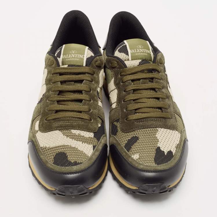 Pre Owned Valentino Multicolor Camo Leather and Suede Rockrunner Sneakers Size 43.5