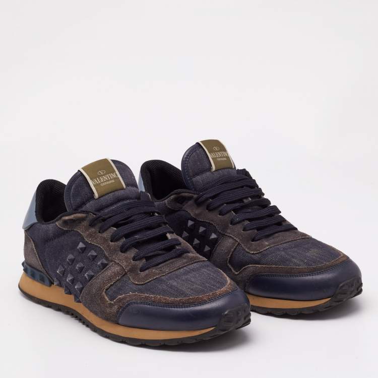 Pre Owned Valentino Navy Blue Suede And Leather Rockrunner Low Top Sneakers Size 44