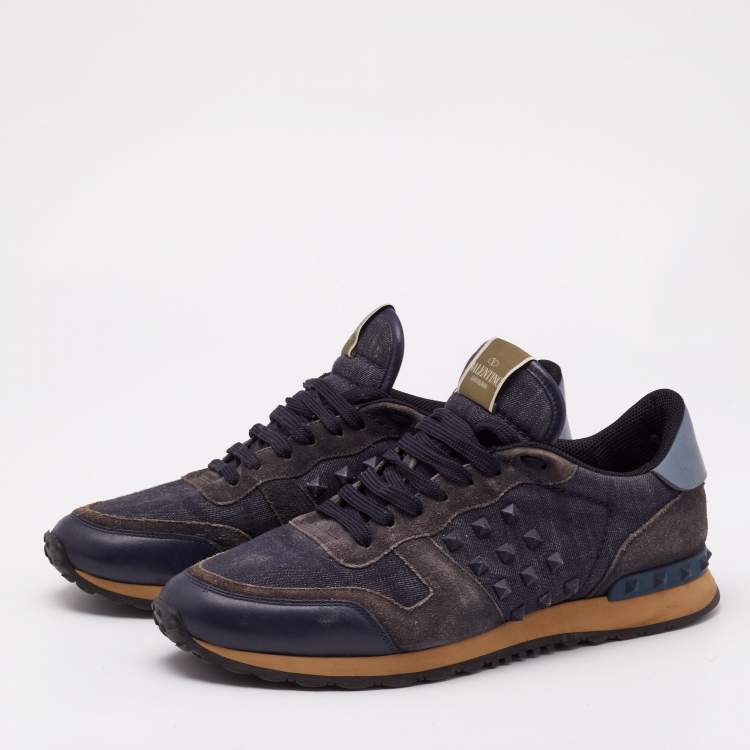 Pre Owned Valentino Navy Blue Suede And Leather Rockrunner Low Top Sneakers Size 44