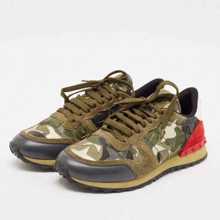 Pre Owned Valentino Multicolor Camo Leather and Suede Rockrunner Sneakers Size 41