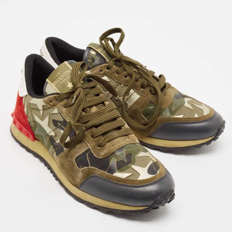 Pre Owned Valentino Multicolor Camo Leather and Suede Rockrunner Sneakers Size 41
