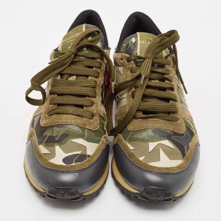 Pre Owned Valentino Multicolor Camo Leather and Suede Rockrunner Sneakers Size 41