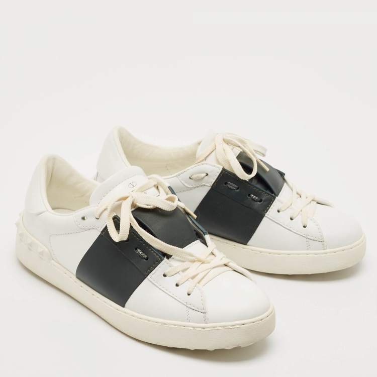 Pre Owned Valentino White/Dark Green Leather Open Sneakers Size 39