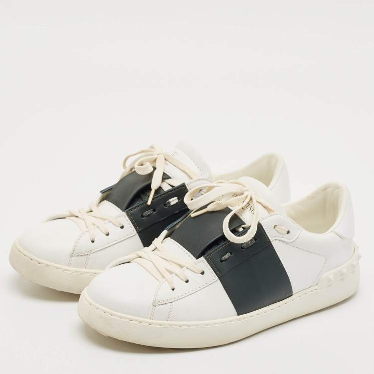 Pre Owned Valentino White/Dark Green Leather Open Sneakers Size 39