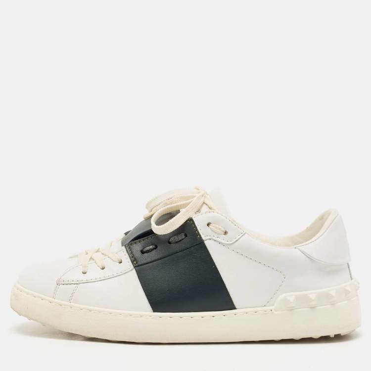 Pre Owned Valentino White/Dark Green Leather Open Sneakers Size 39