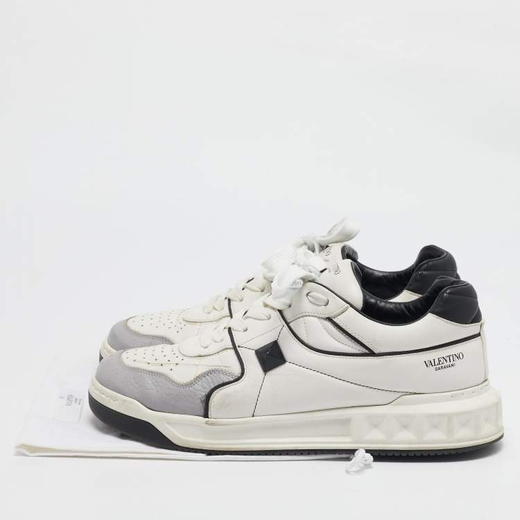 Pre Owned Valentino White/Grey Leather One Stud Low Top Sneakers Size 43