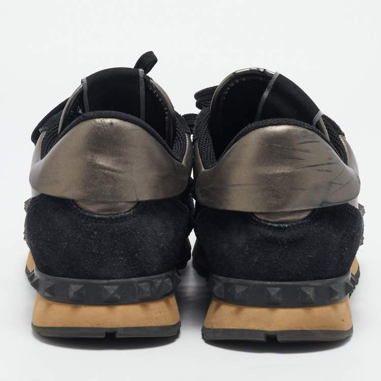 Pre Owned Valentino Black/Metallic  Leather and Suede Rockrunner Sneakers Size 42