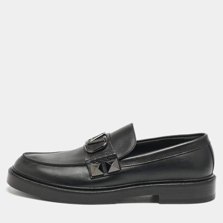 Pre Owned Valentino Black Leather VLogo Slip On Loafers Size 44