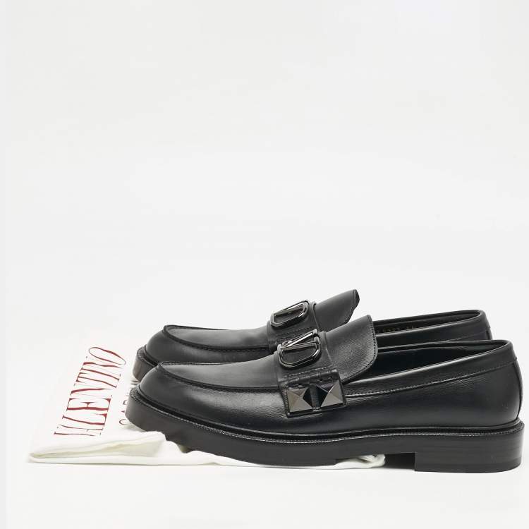 Pre Owned Valentino Black Leather VLogo Slip On Loafers Size 44