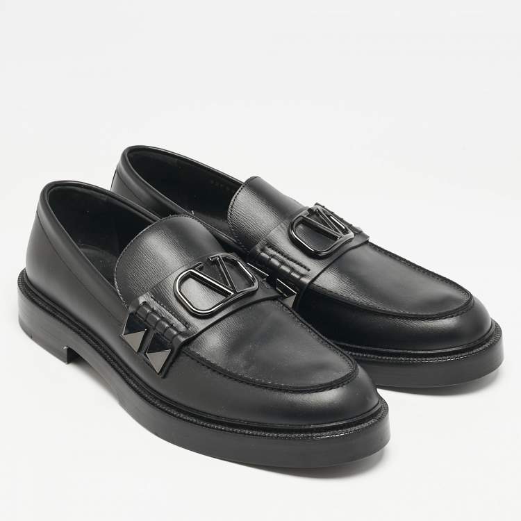 Pre Owned Valentino Black Leather VLogo Slip On Loafers Size 44