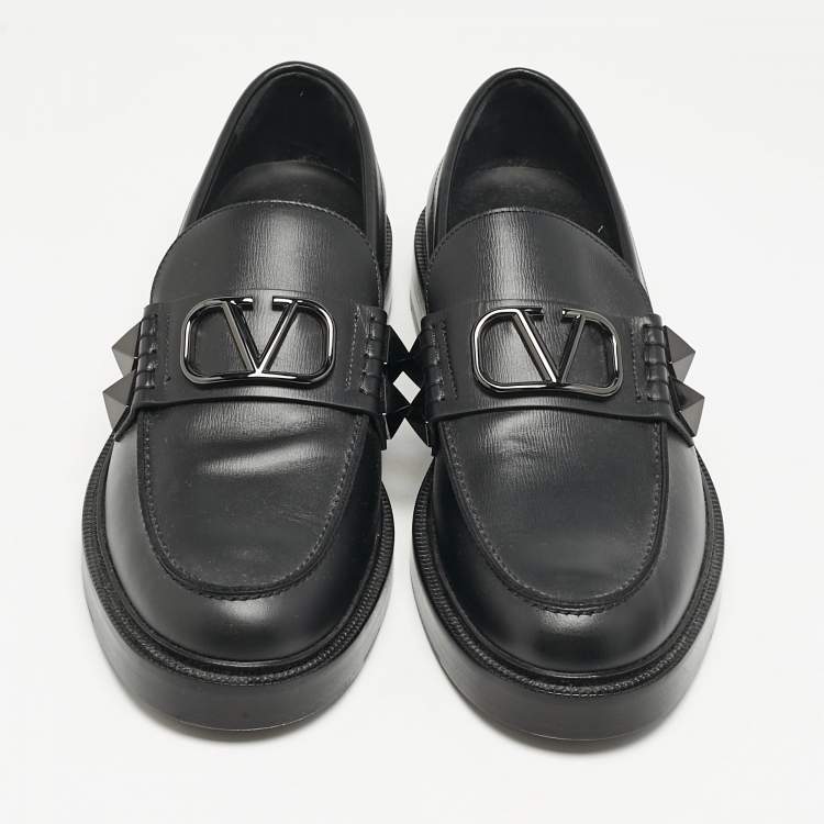 Pre Owned Valentino Black Leather VLogo Slip On Loafers Size 44